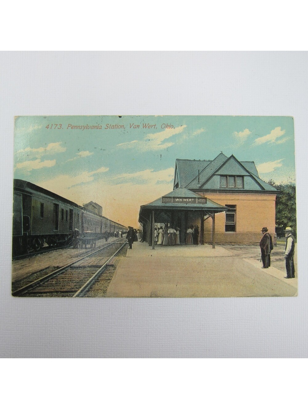 Postcard Train Pennsylvania Station Van Wert Ohio Color Antique 1910 RARE